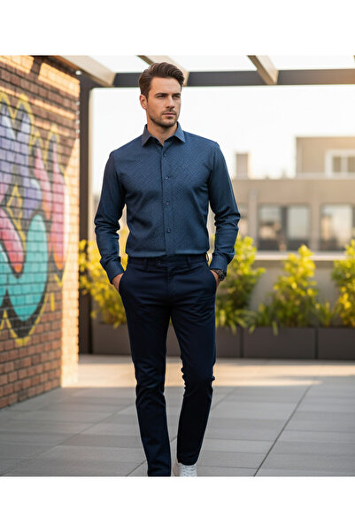 YusGos قميص رجالي بأكمام طويلة من القطن بنمط نقطي متموج وقصة عادية