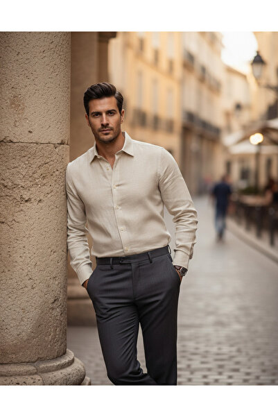 YusGos Uzun Kollu Pamuklu Flamlı Keten Regular Fit Erkek Gömlek