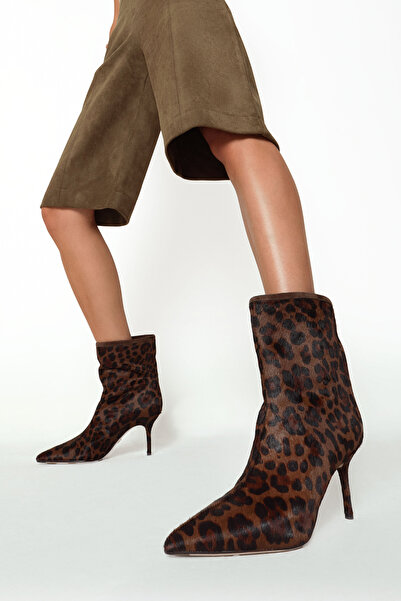 Derimod Women's Leopard Print Thin Heeled Leather Boots 25Wfd4912W2