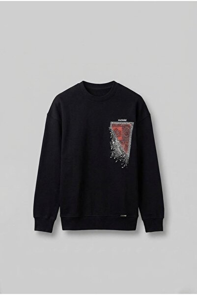 ablukaonline Men's Black Oversize Patterned Sweatshirt