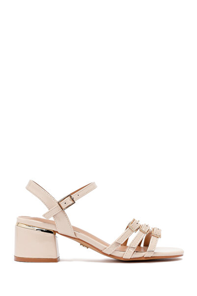 Derimod Women's Beige Ankle Buckle Thick Patent Leather Heeled Sandals 25Sfe466416