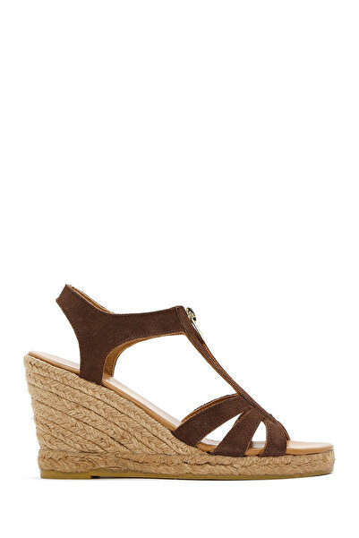 Derimod Women's Brown Zippered Wedge Heeled Suede Leather Espadrille 25Sfd 206010