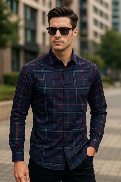 YusGos Long Sleeve Plaid Checkered Cotton Regular Fit Men's Shirt
