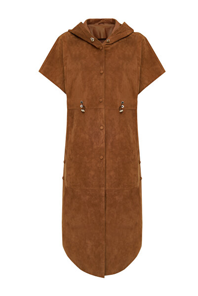 Derimod Miranda Kadın Kahverengi Kapüşonlu Süet Deri Uzun Yelek 25SGD530610