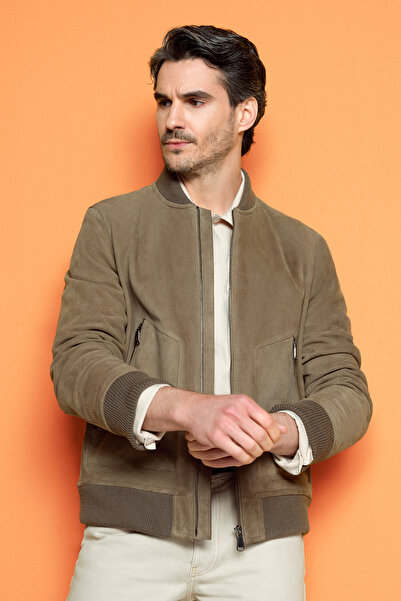 Derimod Foden Erkek Yeşil Fermuarlı Trikolu Süet Deri Ceket 25SGD657010