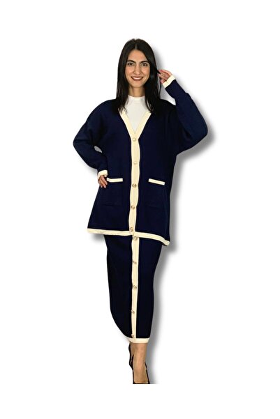 YusGos طقم تنورة كارديجان قصة فضفاضة بأزرار ذهبية تفاصيل مخططة للسيدات