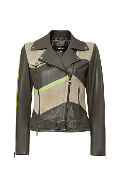 Derimod Madonna Kadın Yeşil Kruvaze Yaka Deri Ceket 24WGD5220XS