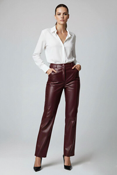 Deriderim Burgundy Lora High Waist Straight Leg Women's Genuine Leather Pants