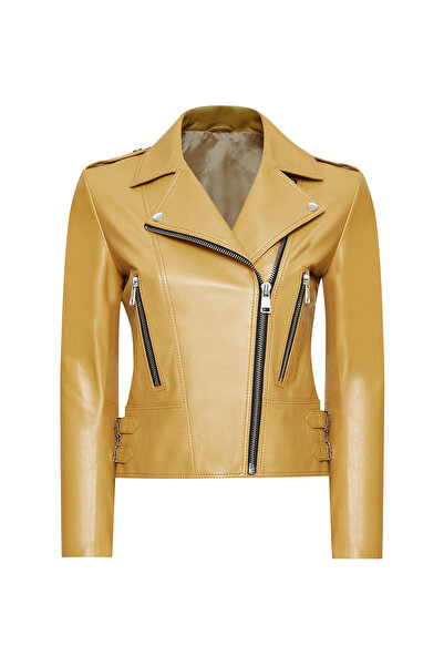 Derimod Latoya Kadın Sarı Kruvaze Yaka Deri Ceket 24WGD5059VE