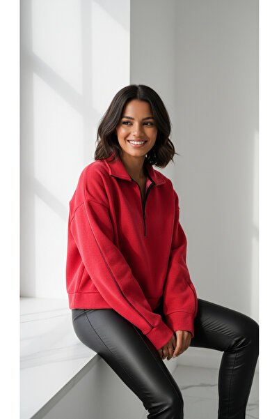 Mood Lab Kadın Kırmızı Polo Yaka Yarım Fermuarlı Oversize 3 Iplik Şardonlu Sw...