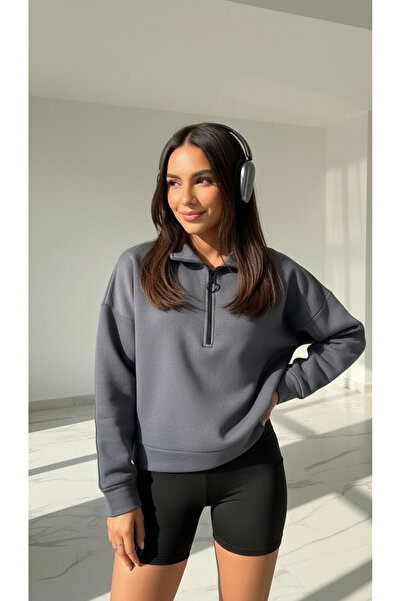 Mood Lab Γυναικείο φούτερ με λαιμόκοψη ανθρακί υπερμεγέθη - 3 κλωστές