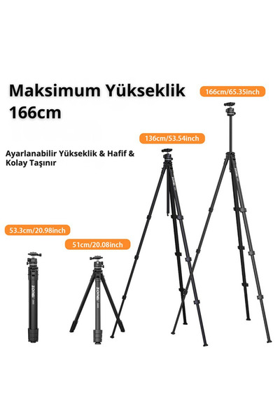 Coverzone 1.6m Profesyonel Fotoğraf Video Tripodu 5kg Taşıma 360° Panoramik Telefon Kamera Tutuculu | G600