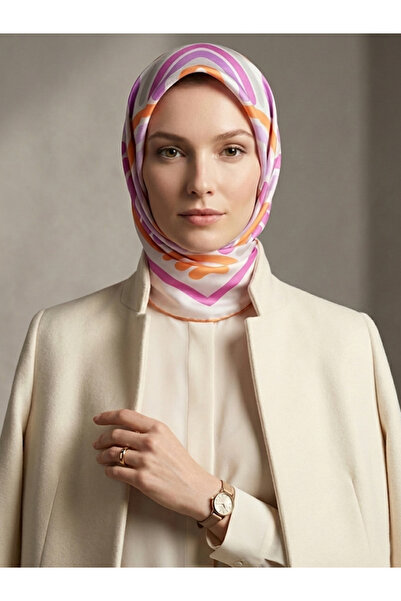 Silk Home Kadın Fuşya Turuncu Çizgili Geometrik Desen Twill İpek Eşarp 11382-13