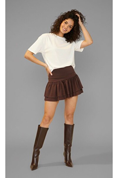 Linich&Co Ψηλόμεση ντραπέ Μίνι φούστα με κορδόνια με βολάν ελαστική καφέ 9162