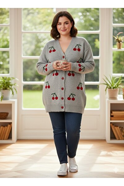 elma abone New Season Cherry Patterned Winter Cardigan
