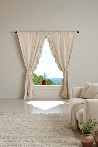 MZN Home 2 Kenar Fırfırlı Vintage Bej Keten Rustik Boru Uyumlu Perde – %100 D...