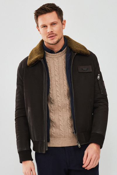 Derimod Falcon Erkek Kahverengi Armalı Yaka Kürklü Deri Pilot Ceket 22WGD6262KN