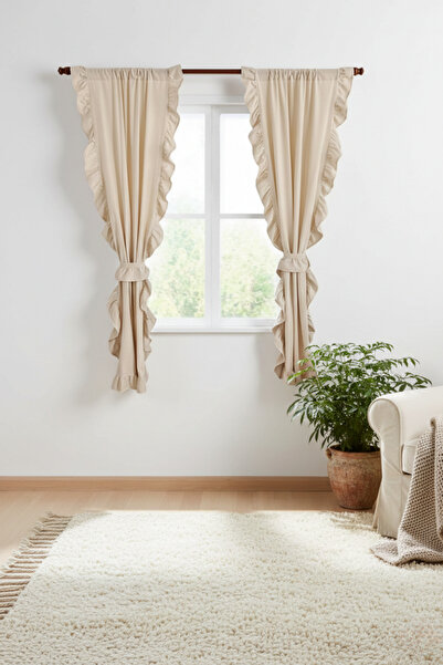 MZN Home Vintage Beige Linen Rustic Pipe-Fitting Curtain with 3 Ruffled Edges – 100% Natural, Single Panel, with Tieback Gift