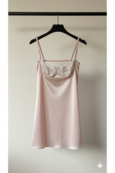 Bless MONİCA Gecelik Balenli Pembe Dantelli Saten