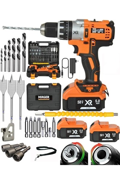 Mager Germany Thechnology Metal Şanzıman Xr 58 Watt 5 Ah Darbeli Çift Akülü Şarjlı Vidalama Setli Matkap
