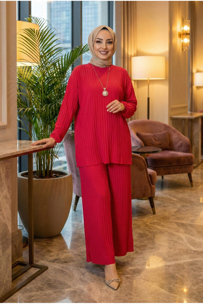 modamira Kadın Sandy nar fushya Komple Piliseli Tunik Pantolon Tesettür İkili...