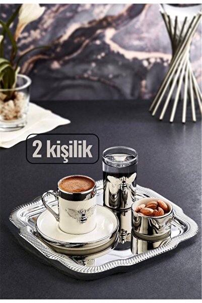 stil hediyelik dekorasyon 2 kişilik gümüş arı model kahve fincan takımı