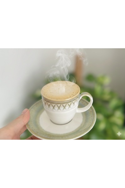 İthal Set of 2 Ceramic Green Patterned Coffee Cups