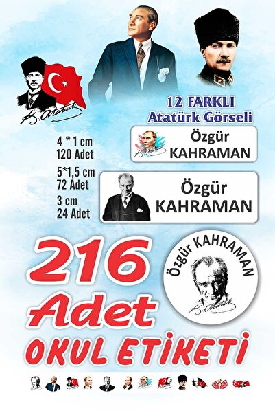 Vice Kişiye Özel Atatürk Temalı Etiket ( 216 Adet Defter Kalem okul etiketi )