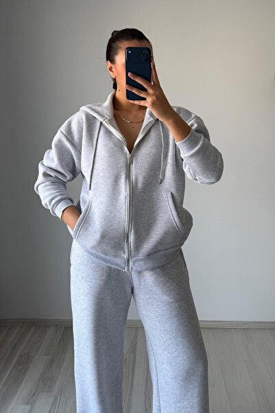 Güneş طقم رياضي رمادي اللون بثلاثة خيوط طراز مبطن بالصوف O قصة فضفاضة