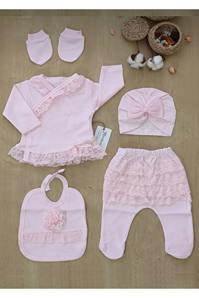 moukou Kız Bebek Dantelli Lüks Fistolu Süslü 5 Li Hastane Çıkışı Yenidoğan Set