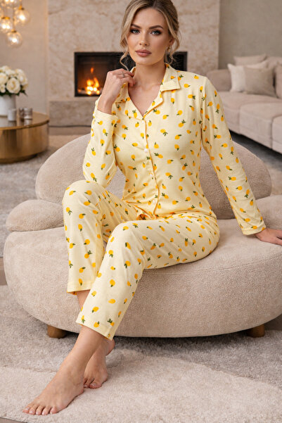 Fanwet Γυναικείο σετ πιτζάμες με μπροστινά κουμπιά, χειμερινό σχέδιο λεμόνι, ...