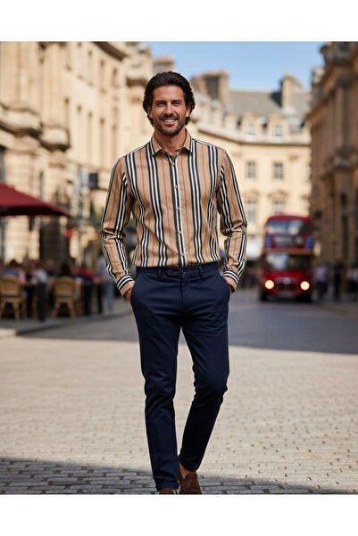 YusGos Long Sleeve Cotton Stripe Pattern Regular Fit Men's Shirt