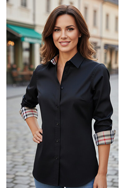 YusGos Women's Long Sleeve Easy Iron Cotton Satin Regular Plaid Detailed Office Shirt