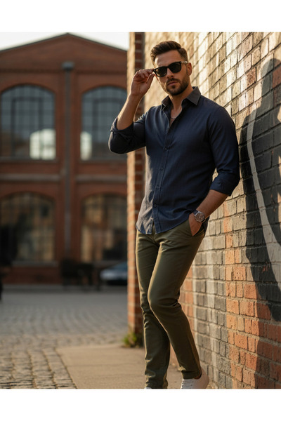 YusGos Long Sleeve Cotton Easy Iron Textured Regular Fit Men's Shirt