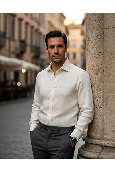 YusGos Long Sleeve Cotton Easy Iron Muslin Linen Regular Men's Shirt