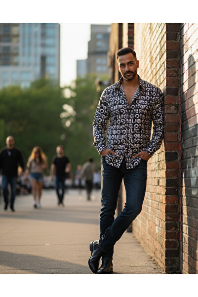 YusGos Uzun Kollu Pamuklu Harf Desenli Regular Fit Erkek Gömlek