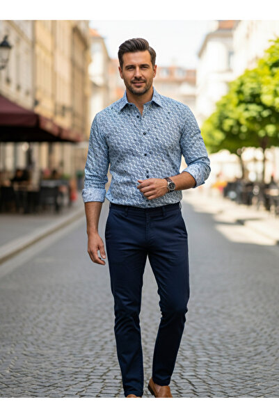 YusGos Long Sleeve Cotton Chain Pattern Regular Fit Men's Shirt