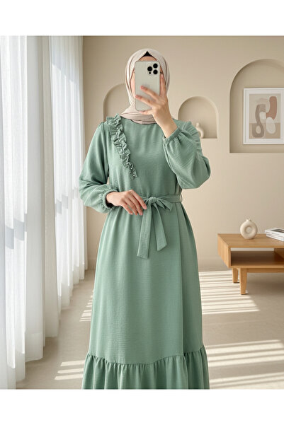 Modamorfo Φόρεμα Ayrobin με βολάν, πέτρινη λεπτομέρεια, φούστα και ζώνη -χακί