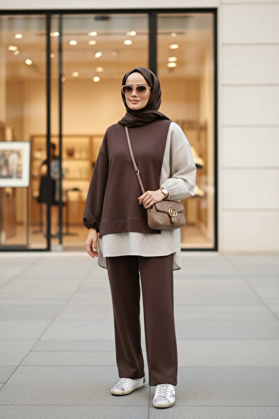 ASEL FASHİON Kadın Tesettür Takım Line İkili Takım Gömlek Acıkahve