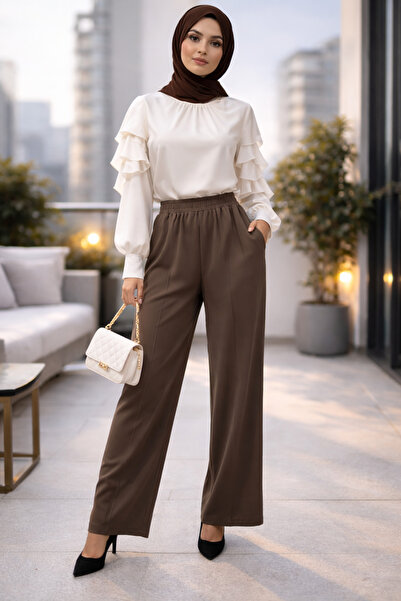 Butik Kadın yüksek bel geniş paça beli lastikli pantalon