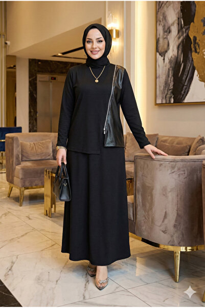modamira Kadın siyah Pamuk Viskon Tunik Deri ve Fermuar Detaylı İkili Tesettü...