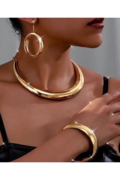 TAKİBUTİGİNİZ Gold plated necklace, earring and bracelet set - 4 piece