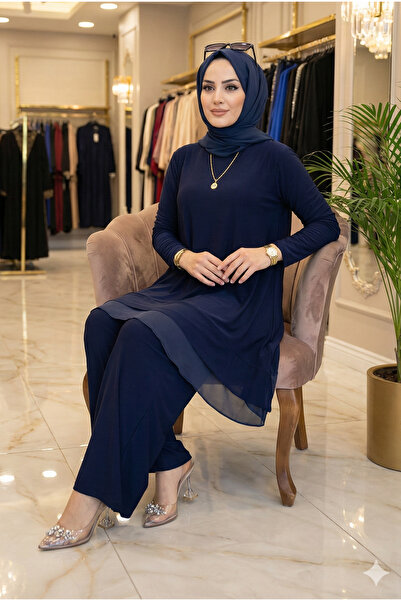 modamira Kadın Sandy lacivert Bluzun Eteği Şifon Detaylı Bol Paça Pantolonlu Tesettür İkili Takım