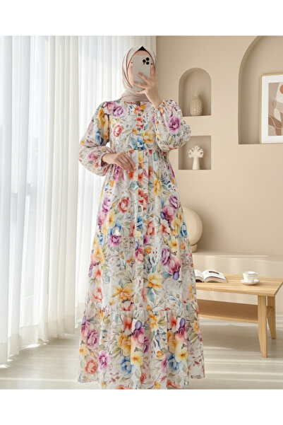 Modamorfo Μικτό φλοράλ εμπριμέ φόρεμα με μισό κουμπί - Κρέμα