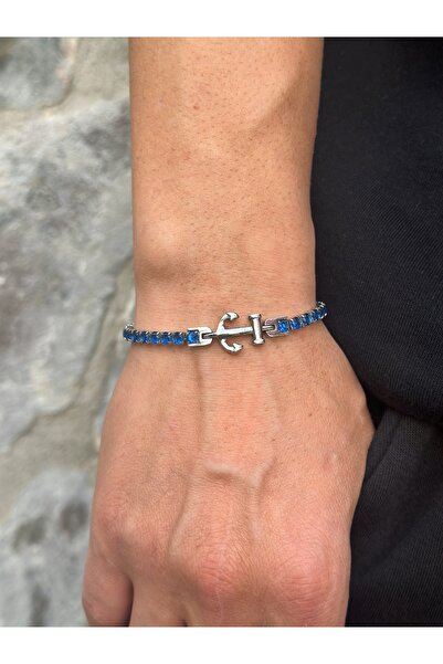 HERİF Aksesuar Erkek Çapa Motifli Parlak Lacivert Zirkon Taşlı Ayarlanabilir 21cm (18+3) Çelik Bileklik