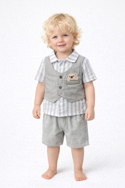 ruhaay Erkek Bebek Çocuk Pamuklu Gömlek Önden Yelekli Şortlu Takım (BİR BEDEN...