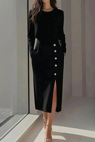 Butik Kadın Uzun Kollu Bisiklet Yakalı Yandan Yırtmaçlı Düğmeli Midi Ithal Kr...