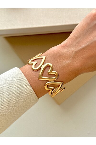 YOUES JEWELRY Çelik Kalın Kelepçe Kalp Gold Bilezik Ayarlanabilir Kadın Erkek...