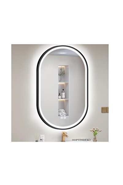 Smack Oglinda Baie LED Ovala E15s/50x100 cm, cu Rama neagra, Aprindere cu tou...