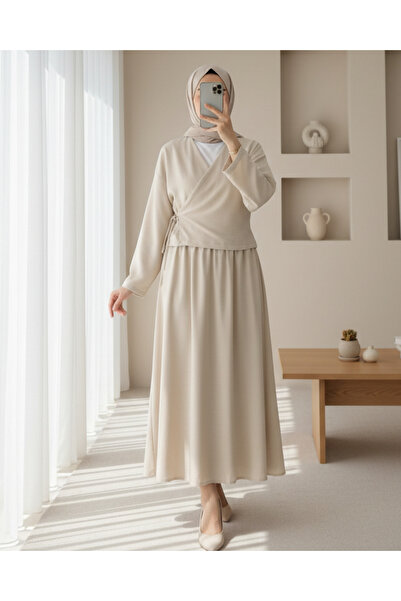 Modamorfo Linen Suit with Side Tie Skirt - Beige